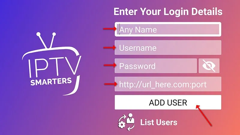 IPTV Smarters login screen with Xtream Codes API form