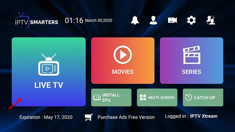 IPTV Smarters dashboard interface showing live TV and content options