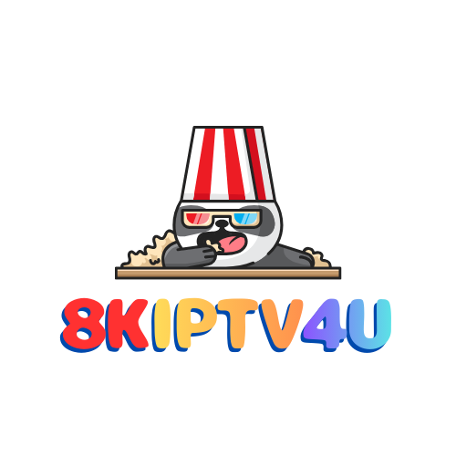8kIPTV4U logo featuring a cartoon character wearing a striped popcorn bucket hat and sunglasses, representing premium IPTV streaming service